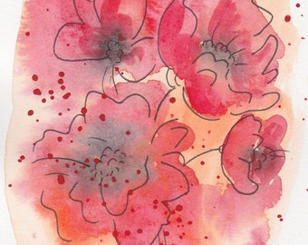 Original Art - Abstract Red Flowers, painting, watercolor