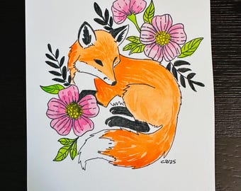 Original Painting - Fox with Flowers, watercolor, art