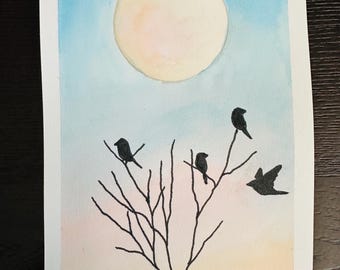 Original Painting - Birds and Tree, watercolor