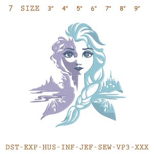 May include: An embroidered design featuring a stylized portrait of a woman with light blue hair and a braid. The design includes a mountain range and a castle. The text "7 SIZE 3" 4" 5" 6" 7" 8" 9"" is at the top, and "DST-EXP-HUS-INF-JEF-SEW-VP3-XXX" is at the bottom.