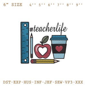 Teacher Life Embroidery Design: Apple Pencil Coffee Ruler (Digital File)