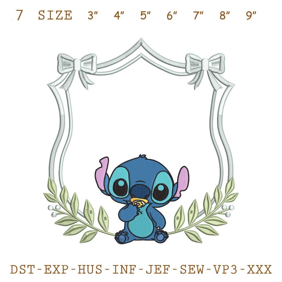 Cute Baby Stitch Frame Embroidery Design, Baby Stitch With Bow Laurel ...