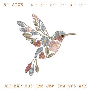花柄ハチドリ刺繍デザイン、花柄ハチドリ刺繍ファイル、かわいい動物の機械刺繍、すぐにダウンロードできます
