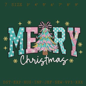 May include: A green background with the words "MERRY Christmas" in a festive design. The word "MERRY" is in large, block letters with a Christmas tree in the center. The design includes snowflakes and stars.