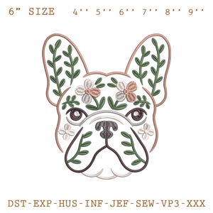 Floral French Bulldog Embroidery Design, Flower Dog Head Embroidery File, Cute Bulldog Machine Embroidery, Instant Download