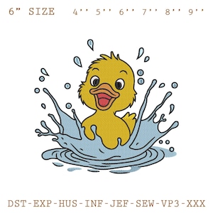 May include: A yellow cartoon duck splashing in water, with water droplets and ripples. The duck has an open beak and is surrounded by blue water. The image includes size options from 4" to 9".