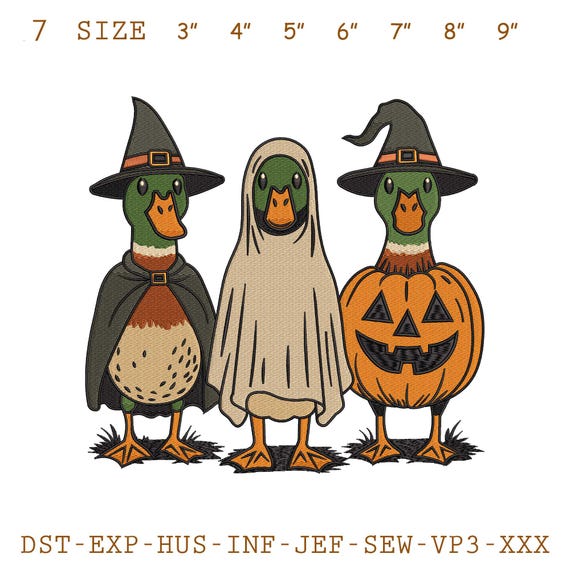 Halloween Duck Embroidery Design: Witch, Ghost, Pumpkin (Digital File)
