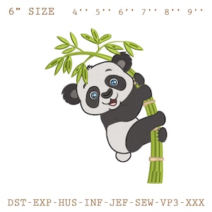Diseño de bordado de panda, archivo de bordado de panda lindo, divertido bordado a máquina de panda, patrón de bordado de animal de bambú