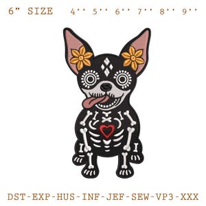 Day of the Dead Dog Embroidery Design, Halloween Skeleton Dog Embroidery Pattern, Sugar Skull Dog Machine Embroidery