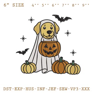 May include: An embroidered Halloween design featuring a golden retriever dressed as a ghost, holding a jack-o'-lantern. The design includes pumpkins, bats, and stars. The size is 6 inches.
