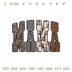 May include: A decorative design featuring the word "MAMA" in a bold, stylized font. The letters are filled with various patterns, including leopard print, a black and white checkerboard, and a cherry design. The image also includes size options from 3" to 9".