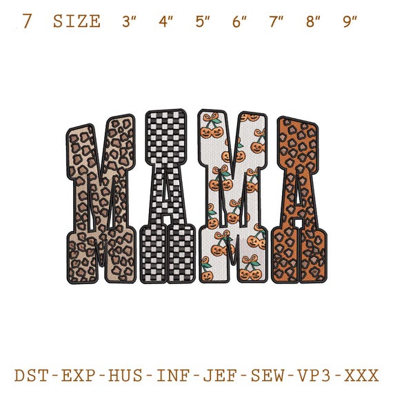 Halloween Mama Embroidery Design, Leopard Pumpkin Checkerboard Lettering Pattern, Spooky Fall Machine Embroidery File