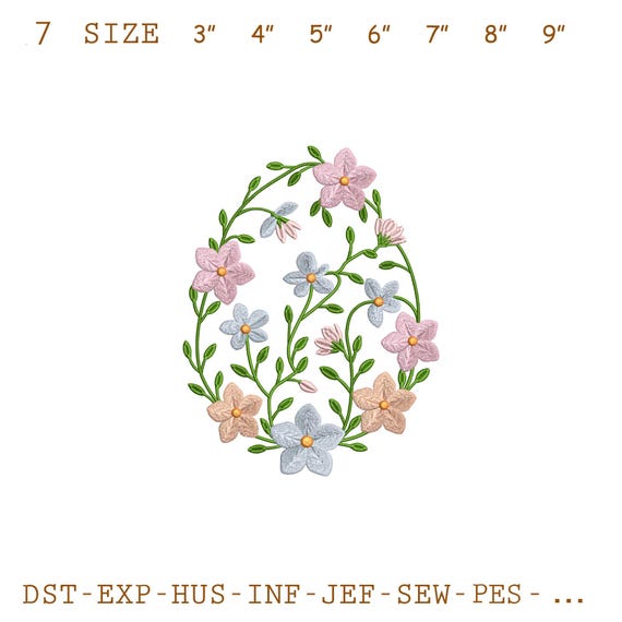 Floral Easter Egg Embroidery Design: Pastel Spring Flowers (Digital Pattern)