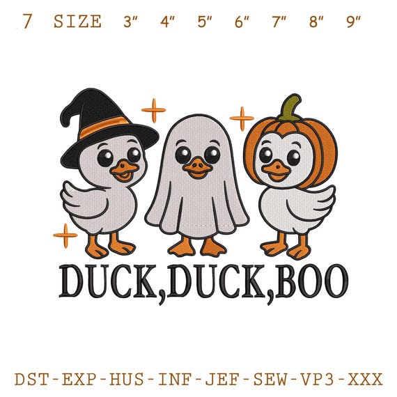 Halloween Duck Embroidery Design: Ghost, Witch, Pumpkin (Digital File)