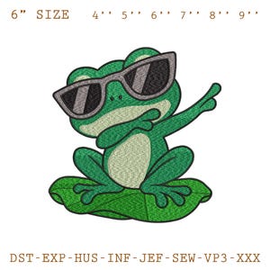 May include: A green frog wearing sunglasses, dabbing with one arm raised. The frog is sitting on a green leaf. The image includes size options from 4" to 9". The text at the top reads "6" SIZE".