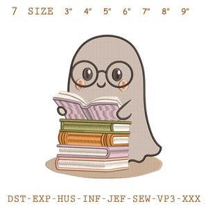 May include: An embroidered design of a friendly ghost wearing glasses, reading a book atop a stack of books. The design includes the text "7 SIZE 3" 4" 5" 6" 7" 8" 9"" and "DST-EXP-HUS-INF-JEF-SEW-VP3-XXX". The ghost is light gray, the books are various colors.