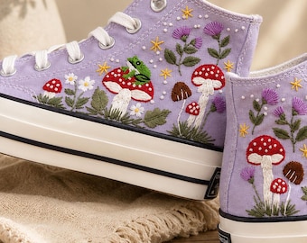 Frog Mushroom Embroidered Converse, Fairycore High Top Sneakers, Handmade Cottagecore Converse, Cute Nature Shoe Gift