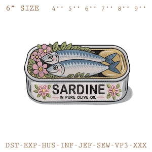 Vintage Sardine Embroidery Design, Floral Sardine Can Embroidery File, Fish Tin Cute Embroidery for Kitchen Decor and Machine Embroidery