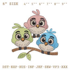 Diseño de bordado de pájaros lindos, archivo de bordado a máquina de tres pájaros de dibujos animados, patrón de bordado de trío de pájaros coloridos