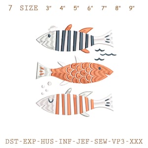 May include: Three embroidered fish designs in shades of blue, orange, and white. The top fish has blue and white stripes and a sailor hat. The middle fish is orange with a scale pattern. The bottom fish has orange and white stripes. The text "7 SIZE" and size measurements in inches are at the top.