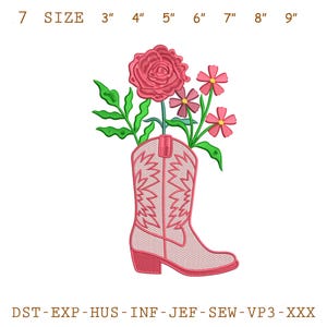 Cowgirl Boot Embroidery Design, Pink Western Floral Stitch File, Boho Country Boot with Flowers Machine Embroidery for Rodeo Decor