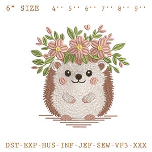 May include: An embroidered design of a hedgehog wearing a floral crown. The hedgehog has a brown body, white belly, and pink cheeks. The flowers are pink with yellow centres and green leaves. The image includes size options.
