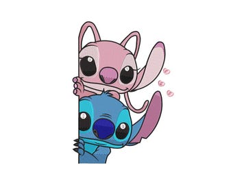 Diseño de bordado de Stitch y Ángel, dibujos animados de Disney (descarga instantánea)