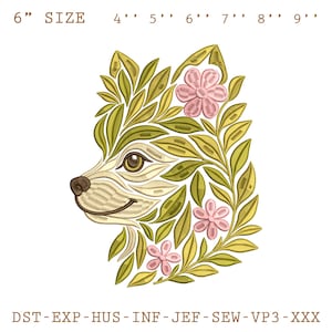 Pode incluir: Um desenho bordado do perfil de uma raposa, rodeado por folhas e flores cor-de-rosa. O desenho inclui o texto "6" SIZE" e medidas de 4" a 9". O bordado é em tons de verde, creme, castanho e rosa. O desenho está sobre um fundo branco.