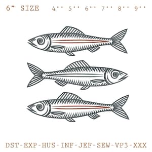 May include: Three stylized fish illustrations in gray and brown, with the text "6" SIZE" and size options from 4" to 9". The fish designs feature detailed lines and a central brown stripe, suitable for embroidery or digital art projects.