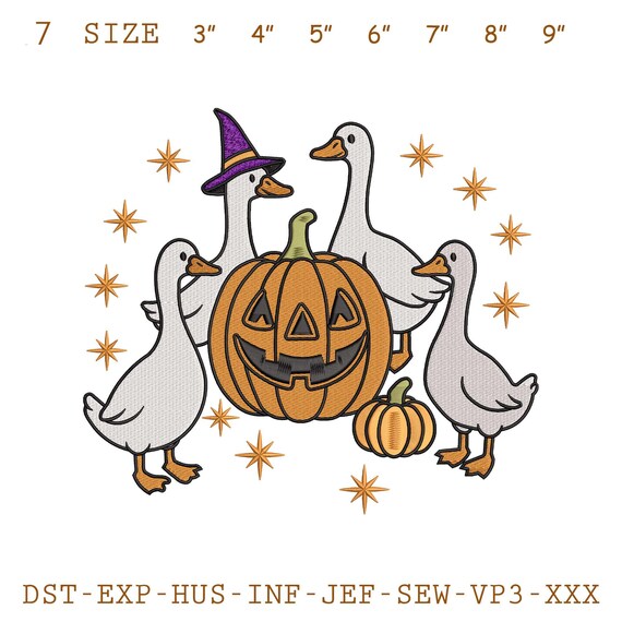 Funny Goose Halloween Embroidery Design: Witch Hat & Pumpkin (Digital File)