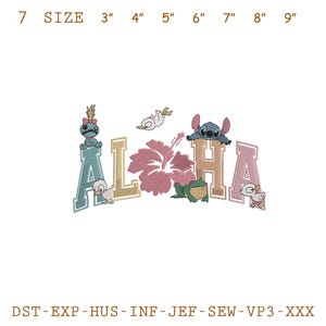 Könnte beinhalten: Gesticktes Design mit dem Wort "ALOHA", einer rosa Hibiskusblüte und Zeichentrickfiguren. Das Design umfasst eine Stitch-Figur, eine Ente und einen Frosch. Die Größenoptionen reichen von 7,6 bis 22,9 cm.