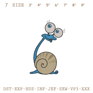Puede incluir: Un caracol de dibujos animados con ojos grandes y expresivos y una concha en espiral. El caracol es azul con una concha marrón y está etiquetado con tamaños de 7,6 cm a 22,9 cm. La imagen también incluye el texto "7 SIZE" y una lista de formatos de archivo.