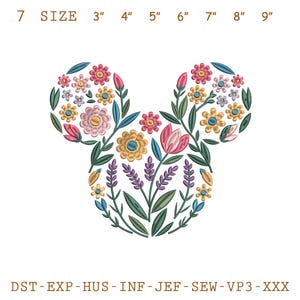 May include: Floral embroidery design in the shape of a mouse head. The design is filled with various flowers in shades of pink, yellow, and blue, with green leaves. The text "7 SIZE 3" 4" 5" 6" 7" 8" 9"" is at the top.