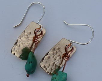 Hammered Brass & Turquoise Earrings | Sterling Silver Ear Wires | Handmade Earrings