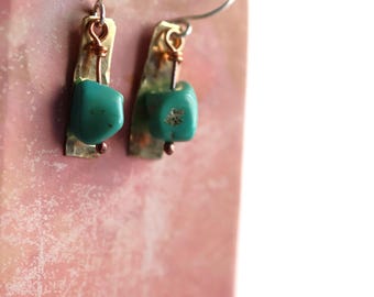 Hammered Brass & Turquoise Earrings | Sterling Silver Ear Wires | Handmade Earrings