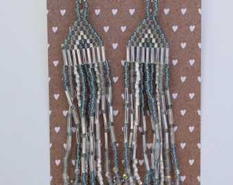 Long Gray Fringe Earrings | Silver Beaded Statement Earrings | Handmade Artisan Jewelry