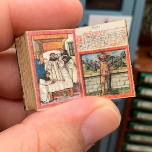 May include: A miniature open book with detailed illustrations. The left page depicts a scene with figures around a bed, while the right page shows a figure with wings. The book has a red border and is held in a hand.