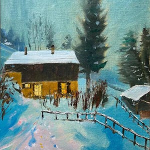 May include: A painting of a small yellow house with snow on the roof and windows lit up. The house is surrounded by trees and a fence, and there is snow on the ground.