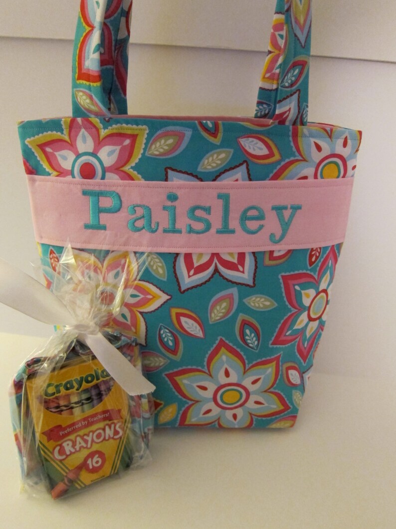 Bride Flower Girl Gift Wedding Day Personalized Kids Tote Crayon Roll Design Your Own 100s Fabric Choices Turquoise Pink Embroidered