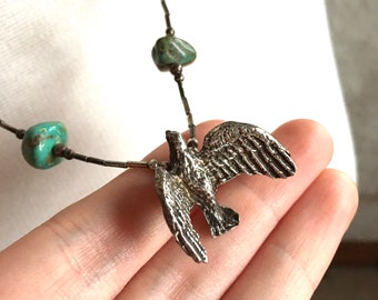 Native American Cast Metal Soaring Bird Turquoise Nugget Necklace