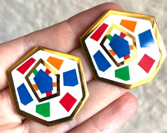 80s Multicolor Geometric Gold Enamel Earrings