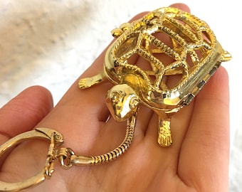 Vintage Gold Turtle Compact Keychain