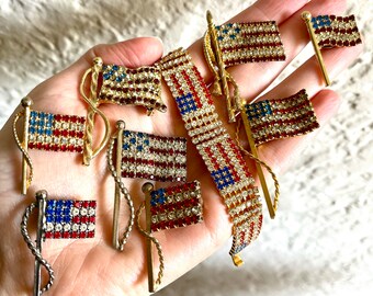 AS IS - Vintage Lot of Rhinestone American Flag Brooches Bracelet and Pins