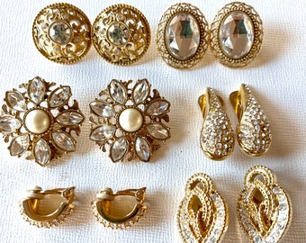 Vintage Lot of 6 Pairs of Gold Rhinestone Earrings
