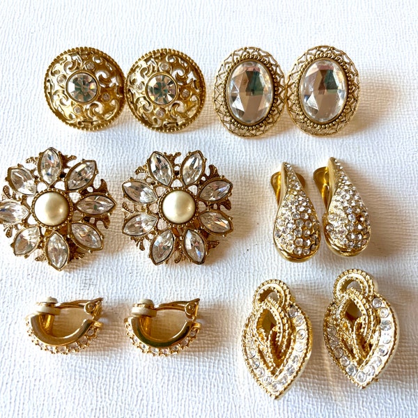 Vintage Lot of 6 Pairs of Gold Rhinestone Earrings