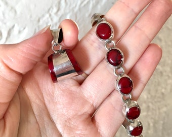 Sterling Silver 925 Red Jasper Mexico Link Bracelet and Pendant Set