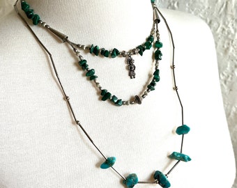 Two Vintage Turquoise Malachite Southwestern Silver Necklaces