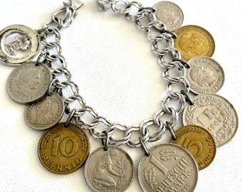 Vintage Souvenir International Coin Sterling Silver Charm Bracelet