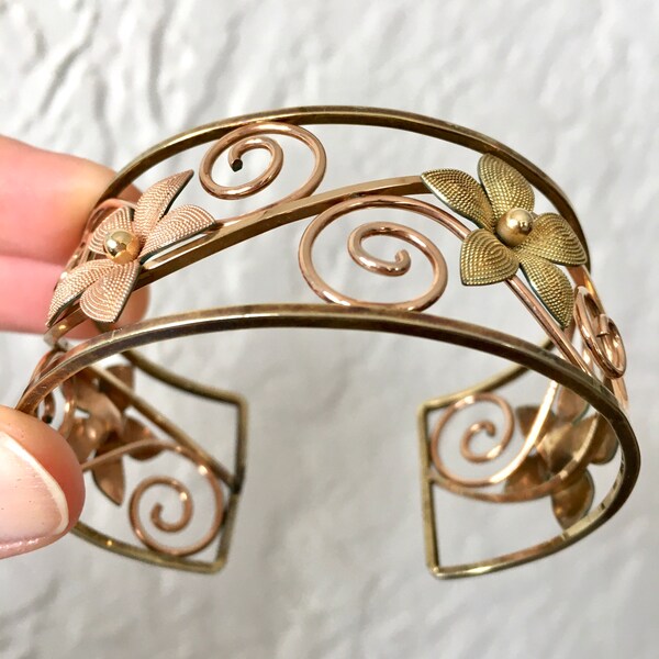 Vintage Signed Krementz Rose Gold Scroll Flower Cuff Bracelet