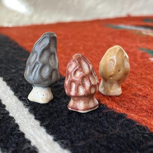 May include: Three small ceramic morel mushroom figurines with glossy finishes. The left mushroom is dark gray, the center one is reddish-brown with a textured cap, and the right one is a light tan color. Each has a distinct stem and cap.